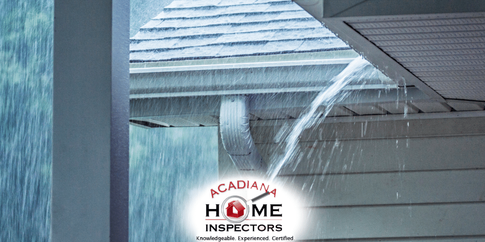 Heavy rain overflowing roof gutter during Louisiana storm, highlighting need for professional home inspection in Lafayette LA