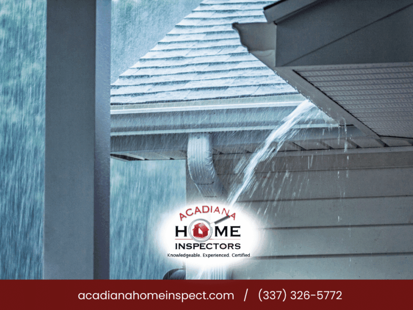 Heavy rain overflowing roof gutter during Louisiana storm, highlighting need for professional home inspection in Lafayette LA
