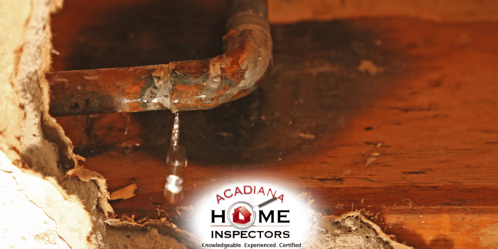 Leaking copper pipe with visible corrosion during a home inspection in Lafayette, LA for older home plumbing issues