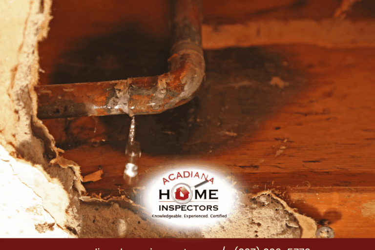 Leaking copper pipe with visible corrosion during a home inspection in Lafayette, LA for older home plumbing issues