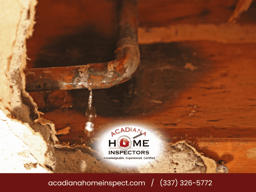 Leaking copper pipe with visible corrosion during a home inspection in Lafayette, LA for older home plumbing issues