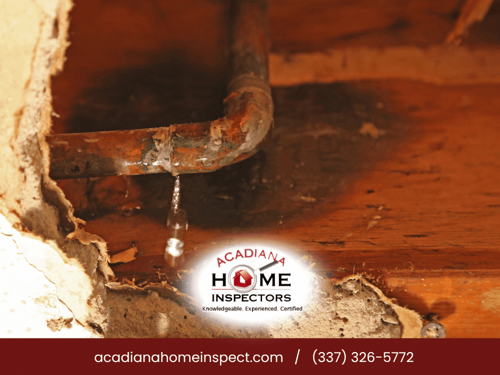 Leaking copper pipe with visible corrosion during a home inspection in Lafayette, LA for older home plumbing issues