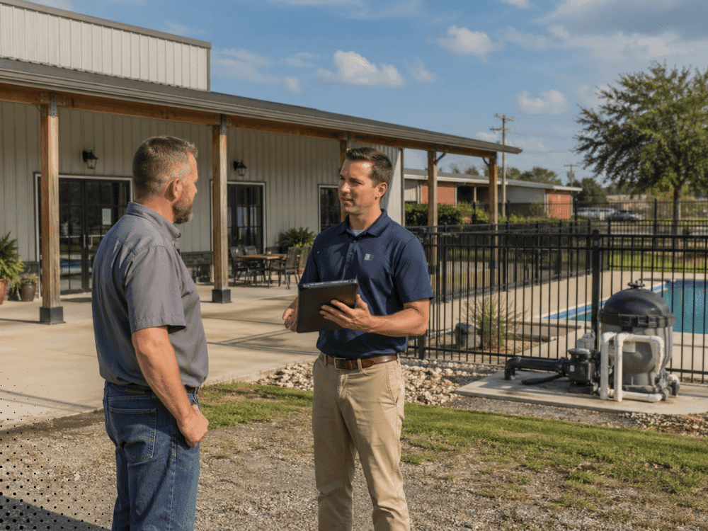 Commercial and pool inspection consultation with property owner