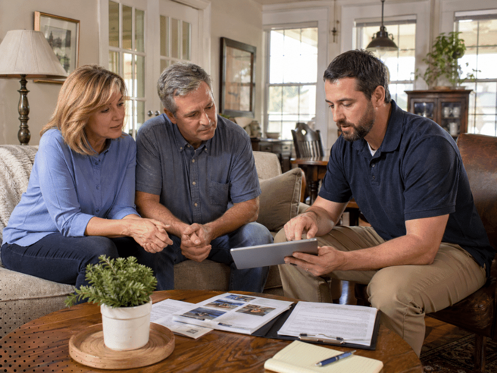Inspector explaining pre-listing inspection report to Eunice homeowners