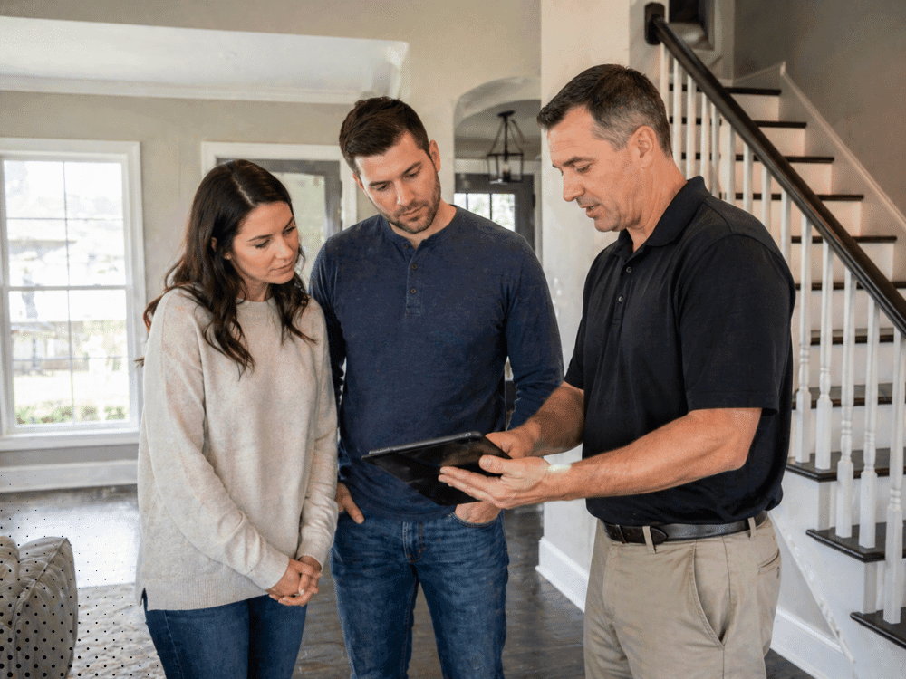 Home inspector reviewing inspection report with buyers in Broussard LA