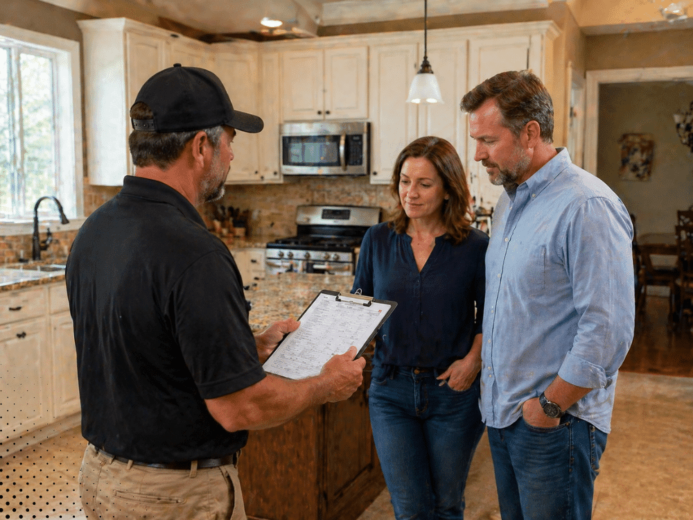 Home inspector reviewing inspection report with sellers before listing