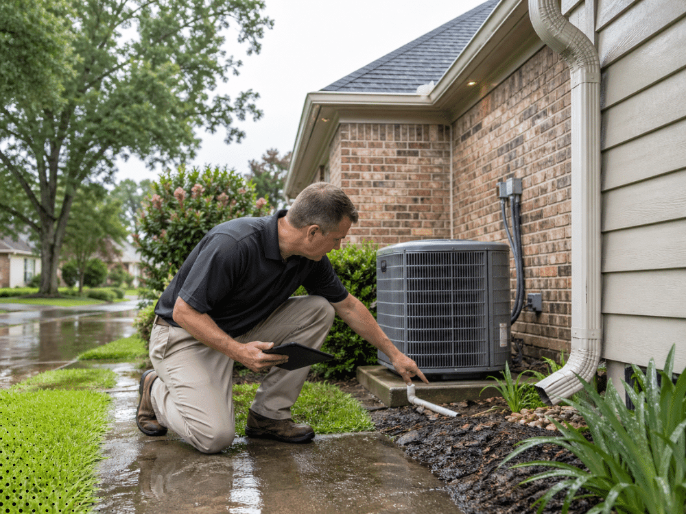 Inspector checking exterior drainage and HVAC conditions in Broussard LA