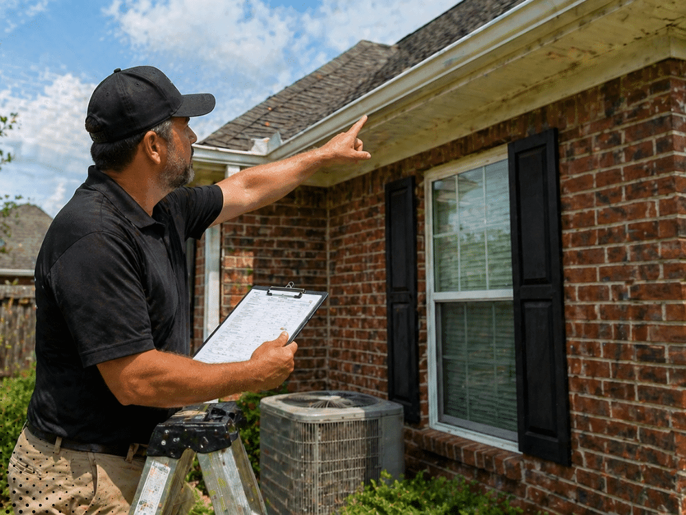 Inspector checking roofline and exterior conditions on a Carencro LA home