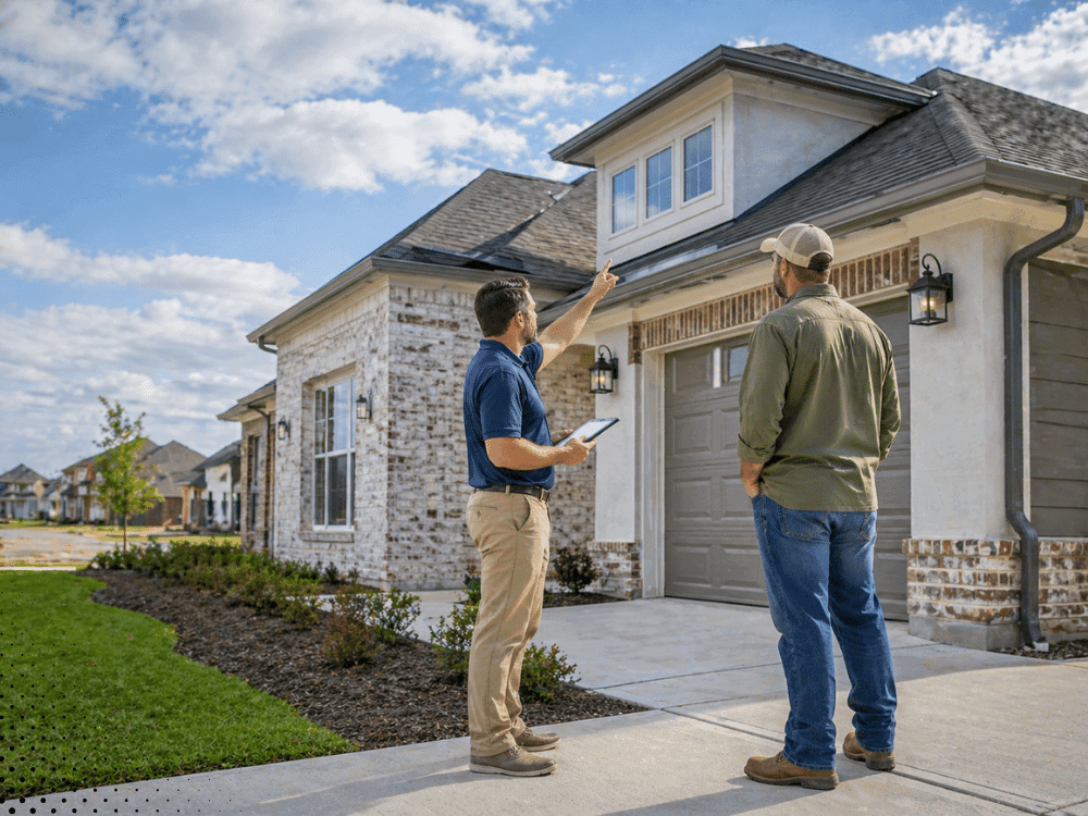 Inspector reviewing new construction exterior with homeowner near Breaux Bridge LA