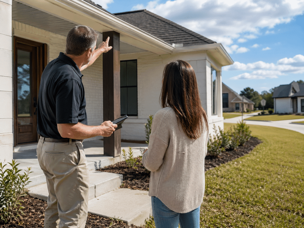 nspector reviewing new construction exterior with homeowner near Eunice LA