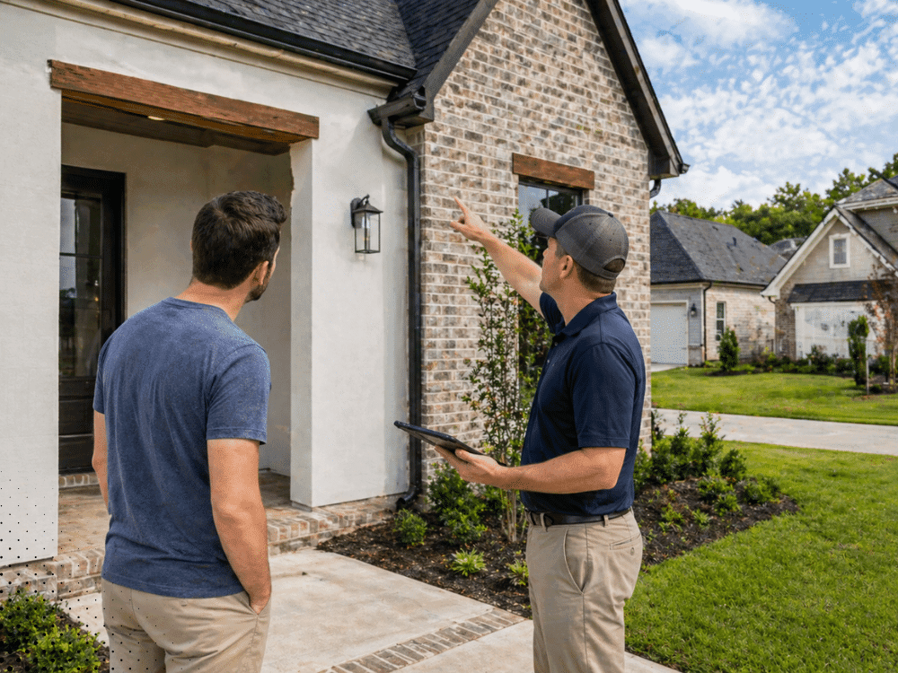 Inspector reviewing new construction exterior with homeowner in Broussard LA