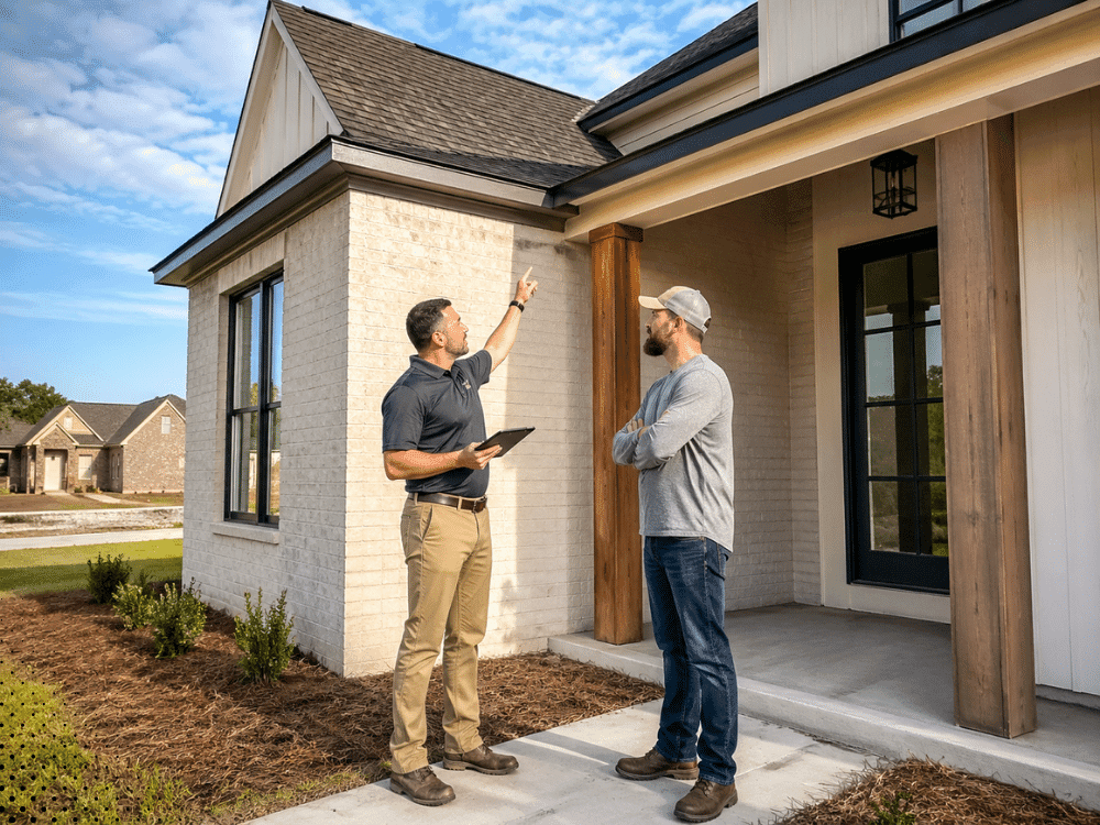 Inspector reviewing new construction home exterior with homeowner in Carencro LA