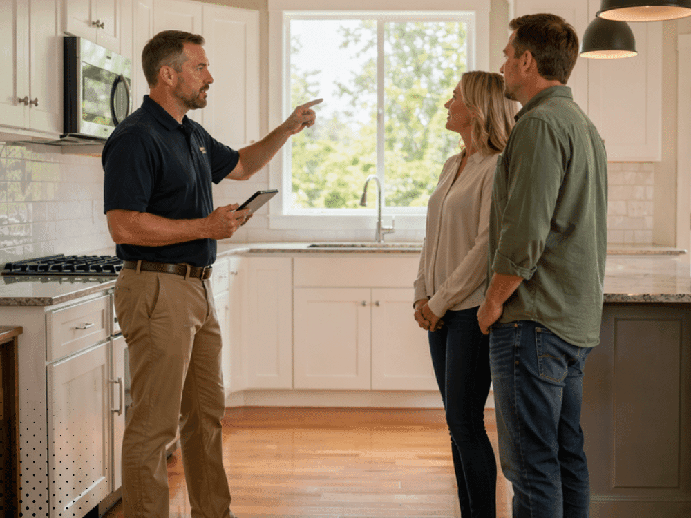 Inspector explaining home inspection findings to buyers indoors