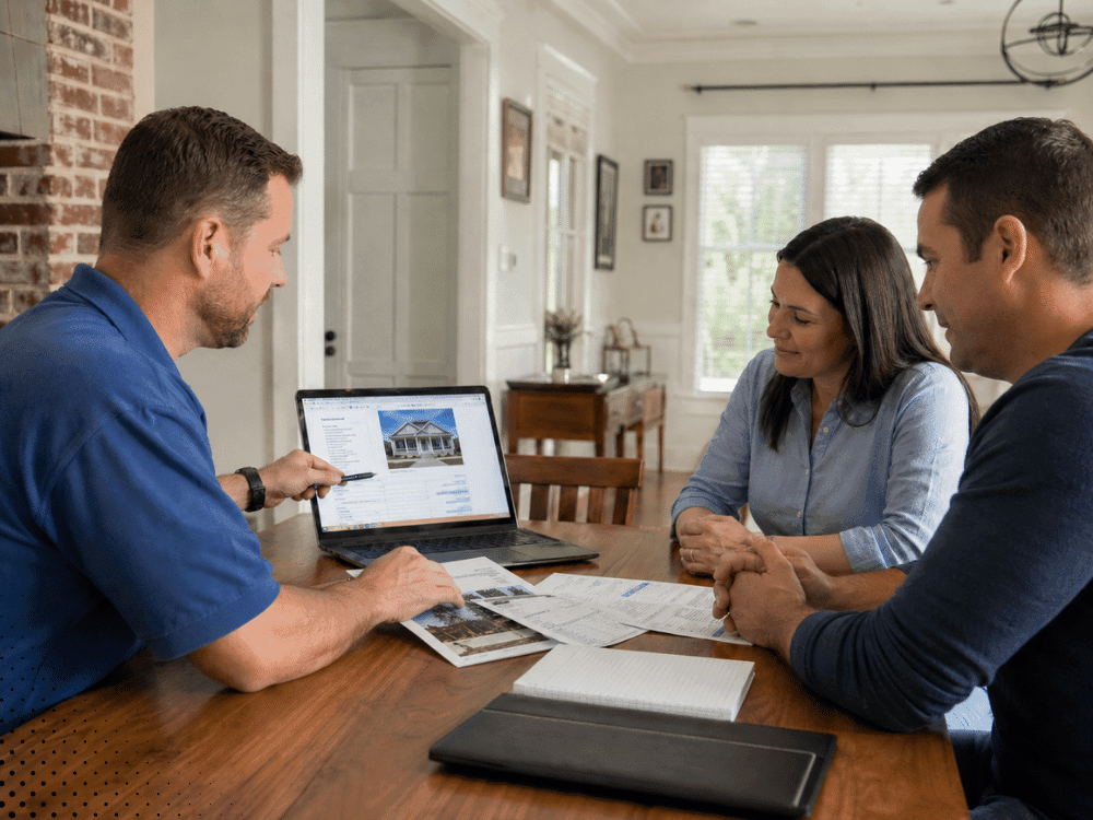Inspector reviewing home inspection report with Breaux Bridge homeowners
