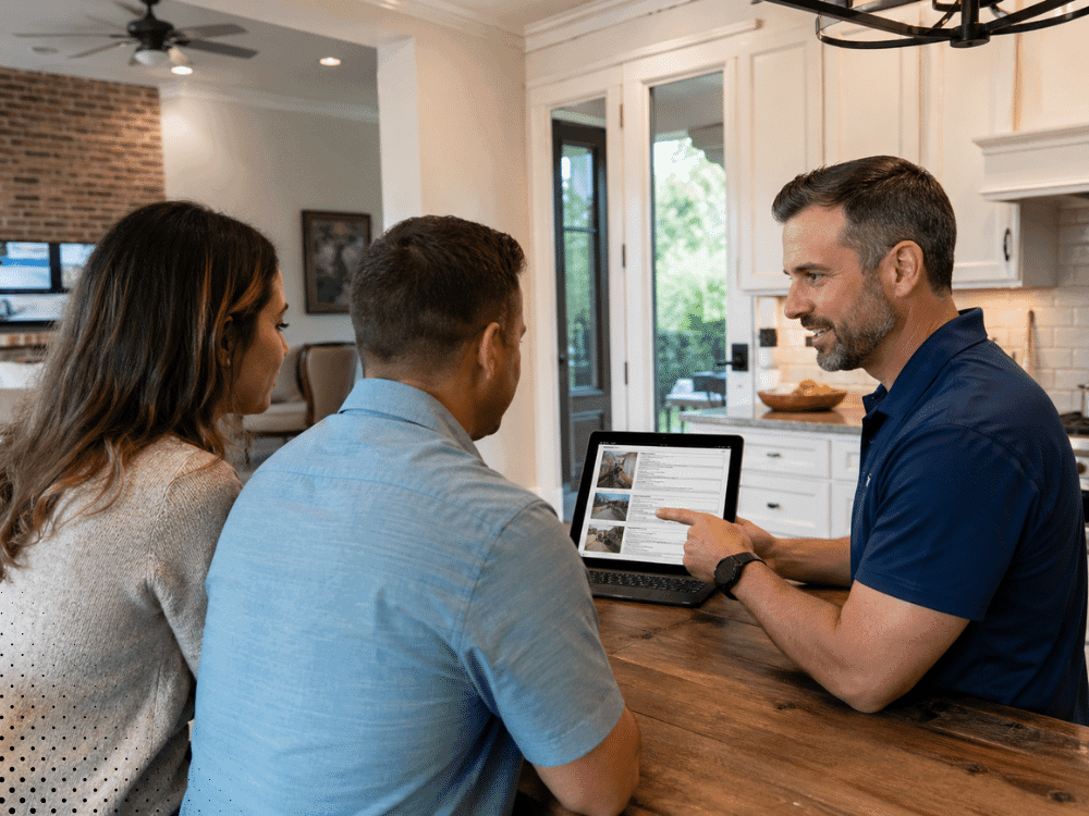 Inspector reviewing digital home inspection report with buyers indoors