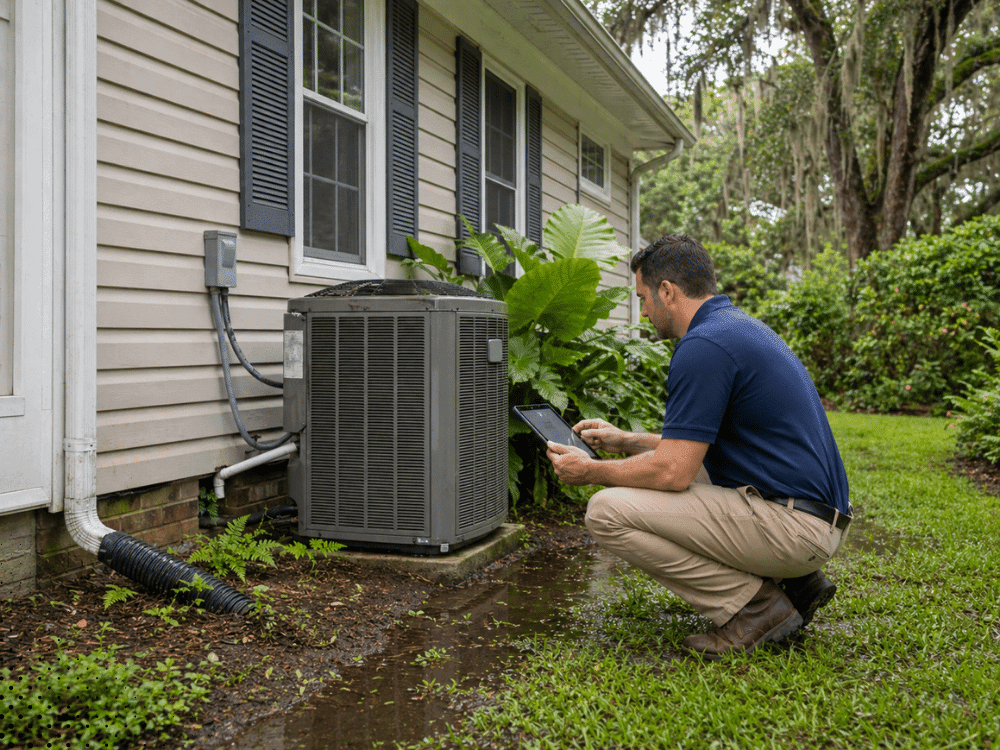 Inspector checking HVAC and drainage conditions at a Breaux Bridge LA home