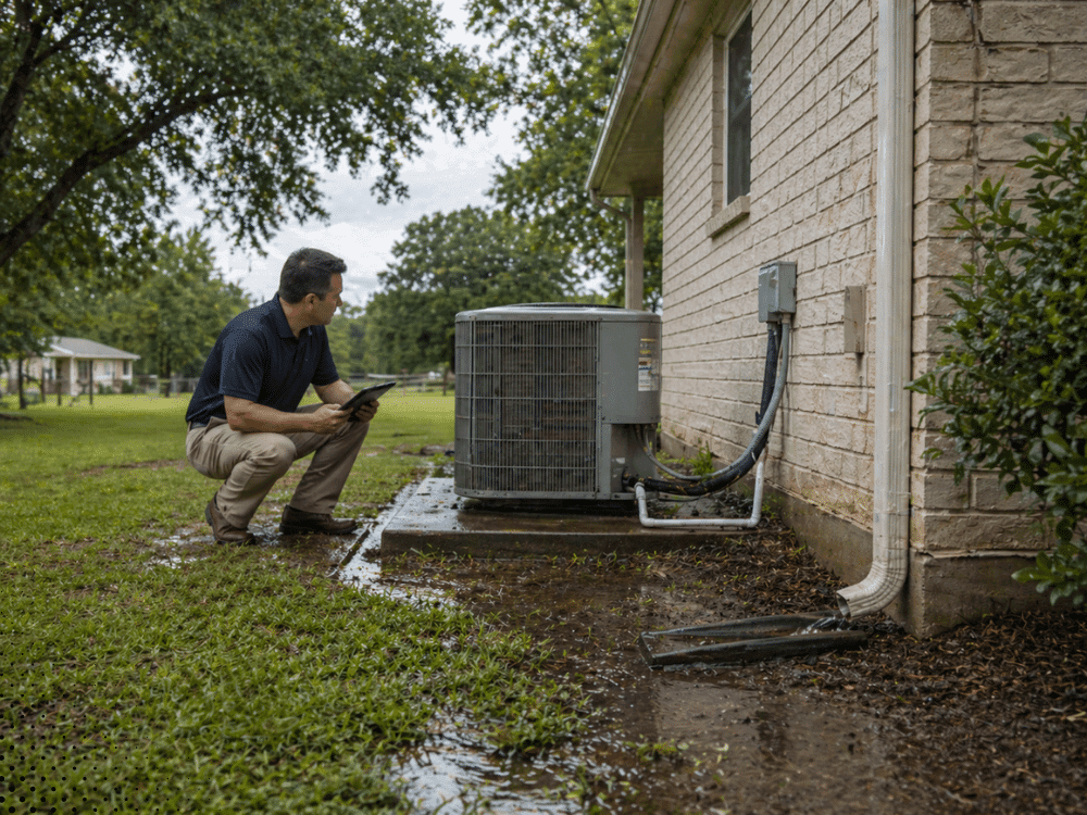 Inspector checking HVAC and drainage conditions at a Eunice LA home