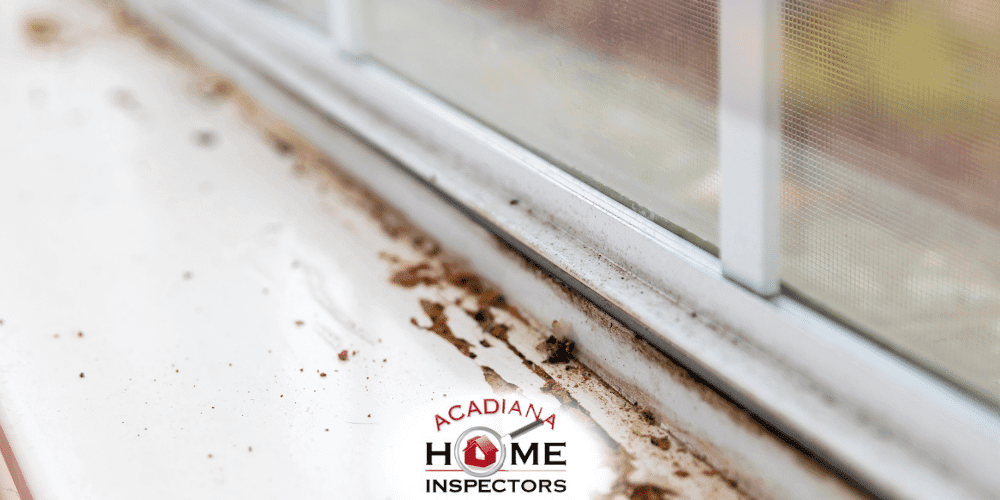 Dirty window sill with visible termite activity inspected by Acadiana Home Inspectors in Lafayette, LA