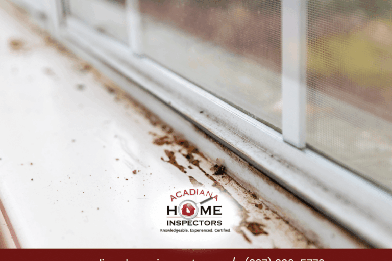 Dirty window sill with visible termite activity inspected by Acadiana Home Inspectors in Lafayette, LA