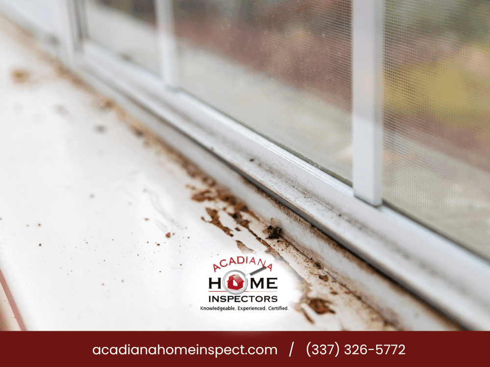 Dirty window sill with visible termite activity inspected by Acadiana Home Inspectors in Lafayette, LA