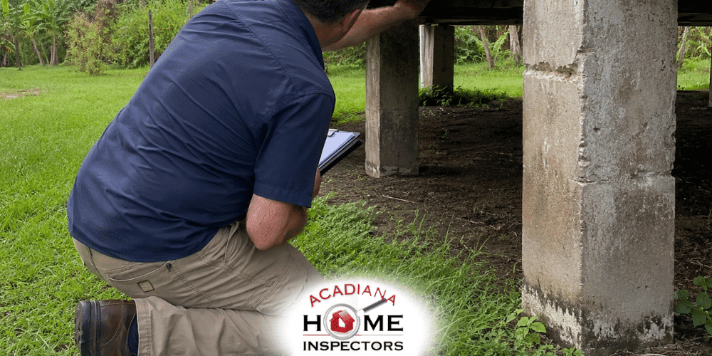 Professional home inspector checking pier-and-beam foundation in Lafayette, LA for structural integrity and safety