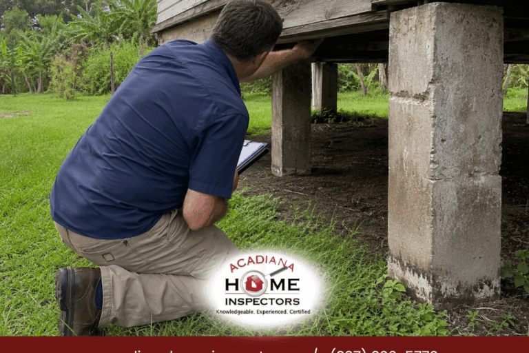 Professional home inspector checking pier-and-beam foundation in Lafayette, LA for structural integrity and safety