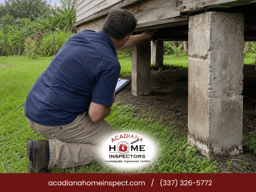 Professional home inspector checking pier-and-beam foundation in Lafayette, LA for structural integrity and safety