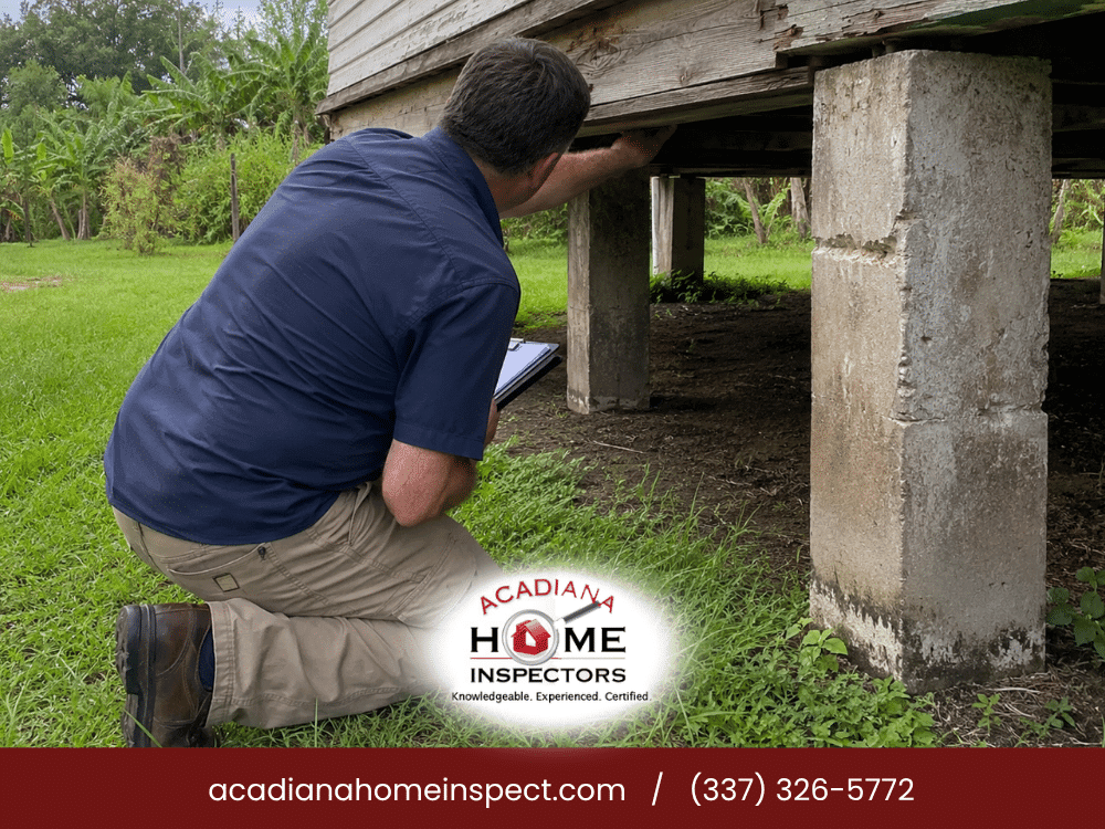 Professional home inspector checking pier-and-beam foundation in Lafayette, LA for structural integrity and safety