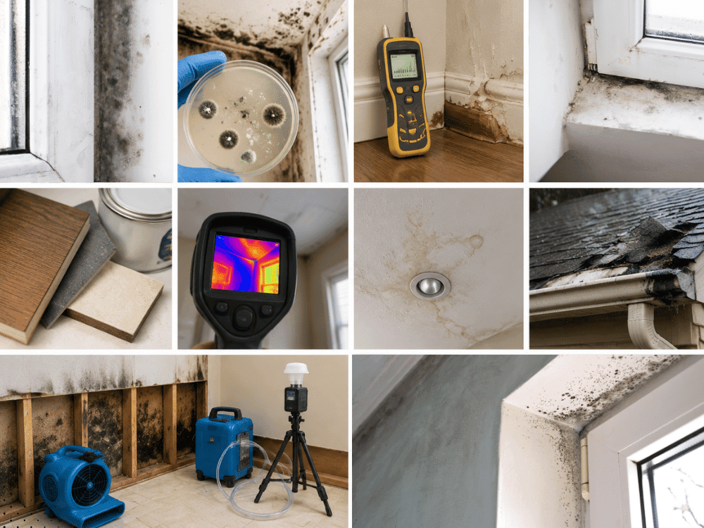Professional mold inspection equipment including air sampling tools moisture meters thermal imaging camera and drying equipment