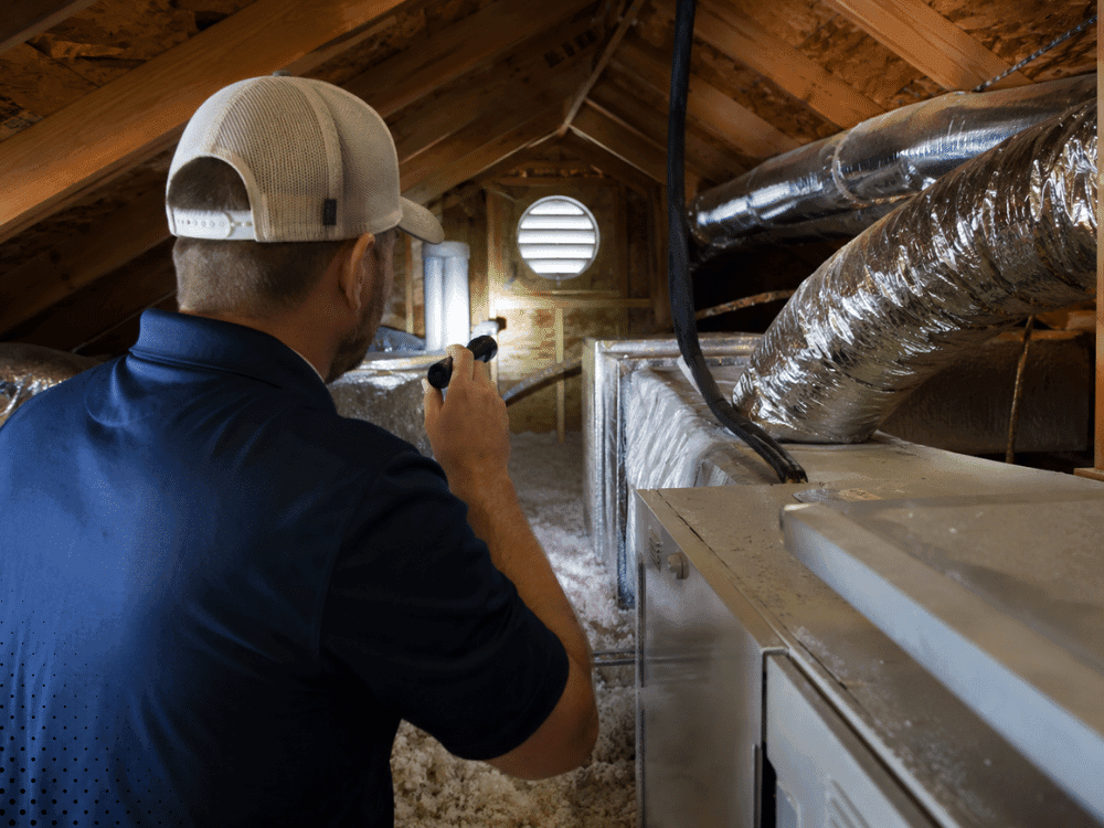 Home inspector evaluating attic HVAC system and insulation in Lafayette, LA during a full-service home inspection