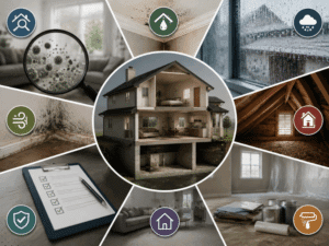 Indoor air quality inspection showing mold growth moisture damage ventilation issues attic conditions and home inspection checklist