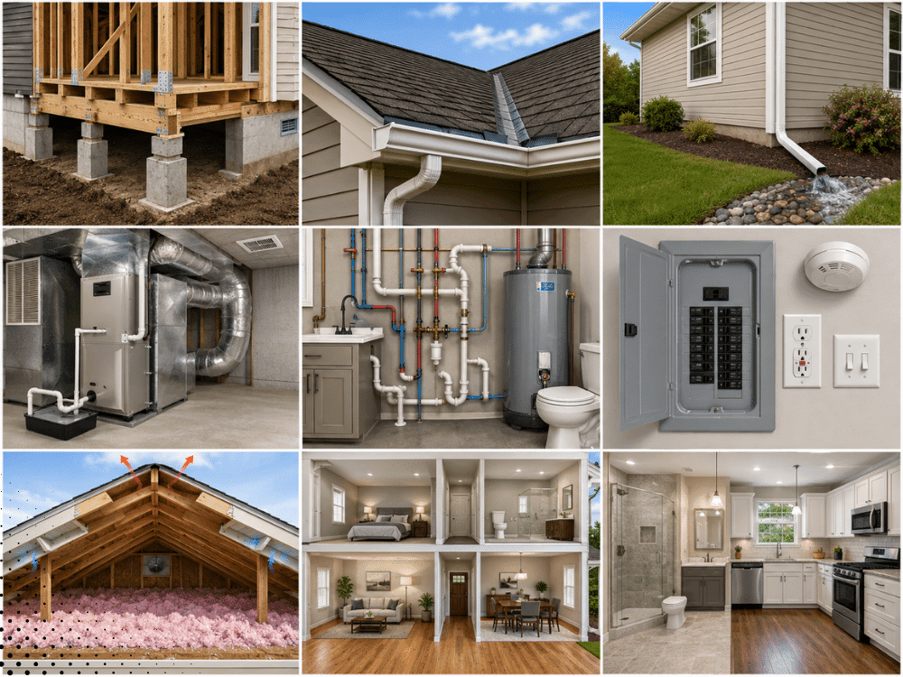 Collage of home inspection areas including foundation, roof, gutters, HVAC, plumbing, electrical, attic, and interior rooms in Lafayette, LA