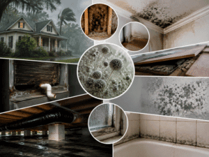 Mold and moisture damage examples in Louisiana homes including HVAC systems crawl spaces bathrooms walls and water intrusion areas