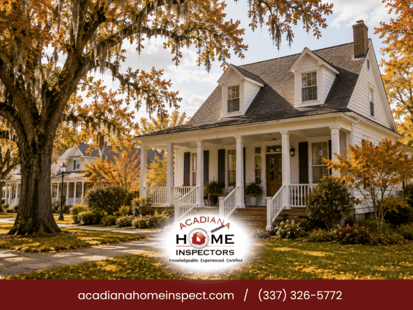 Fall exterior view of a Lafayette LA home representing Acadiana home inspection services for buyers preparing to purchase property before closing.