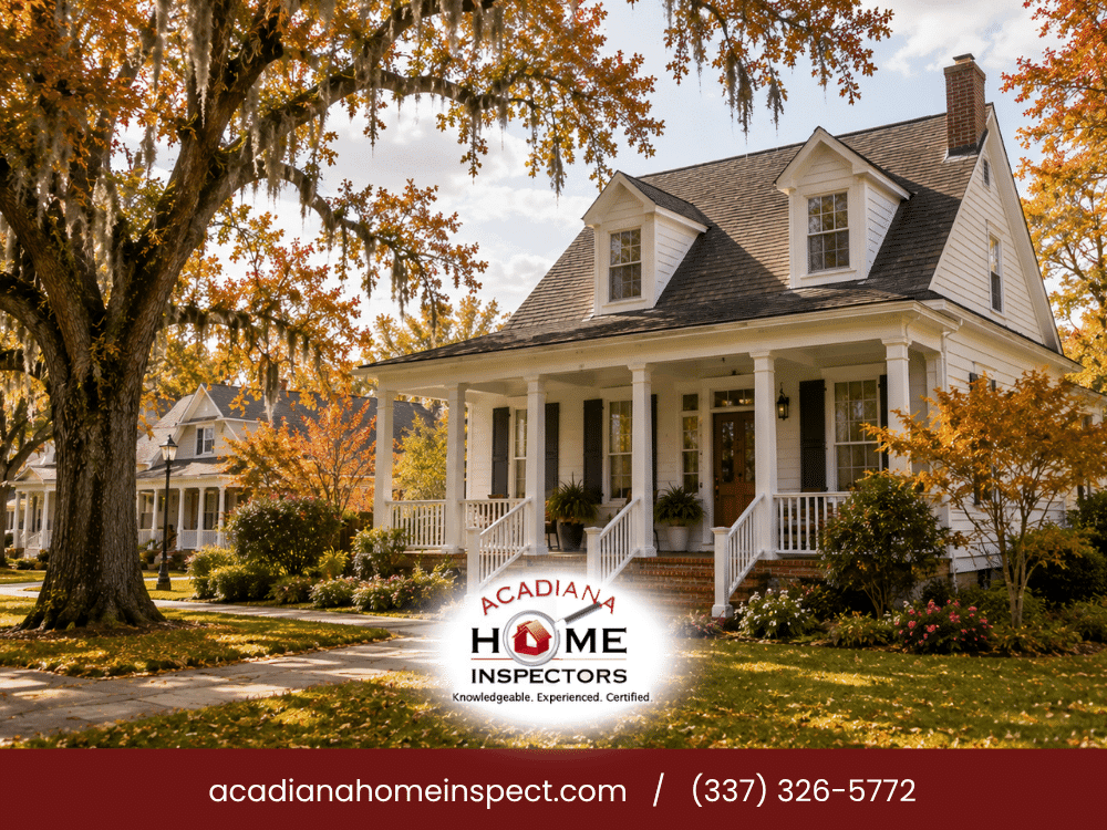 Fall exterior view of a Lafayette LA home representing Acadiana home inspection services for buyers preparing to purchase property before closing.