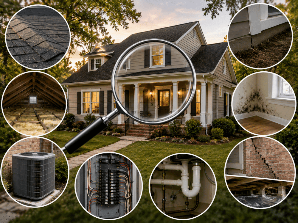 Home inspection infographic showing Lafayette LA inspection areas including roof, attic, HVAC, electrical, plumbing, foundation, crawl space, and moisture concerns in Acadiana homes.