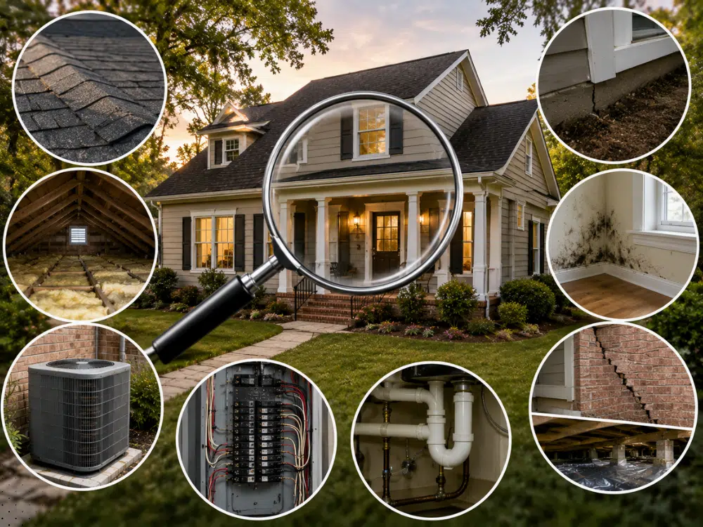 Home inspection infographic showing Lafayette LA inspection areas including roof, attic, HVAC, electrical, plumbing, foundation, crawl space, and moisture concerns in Acadiana homes.