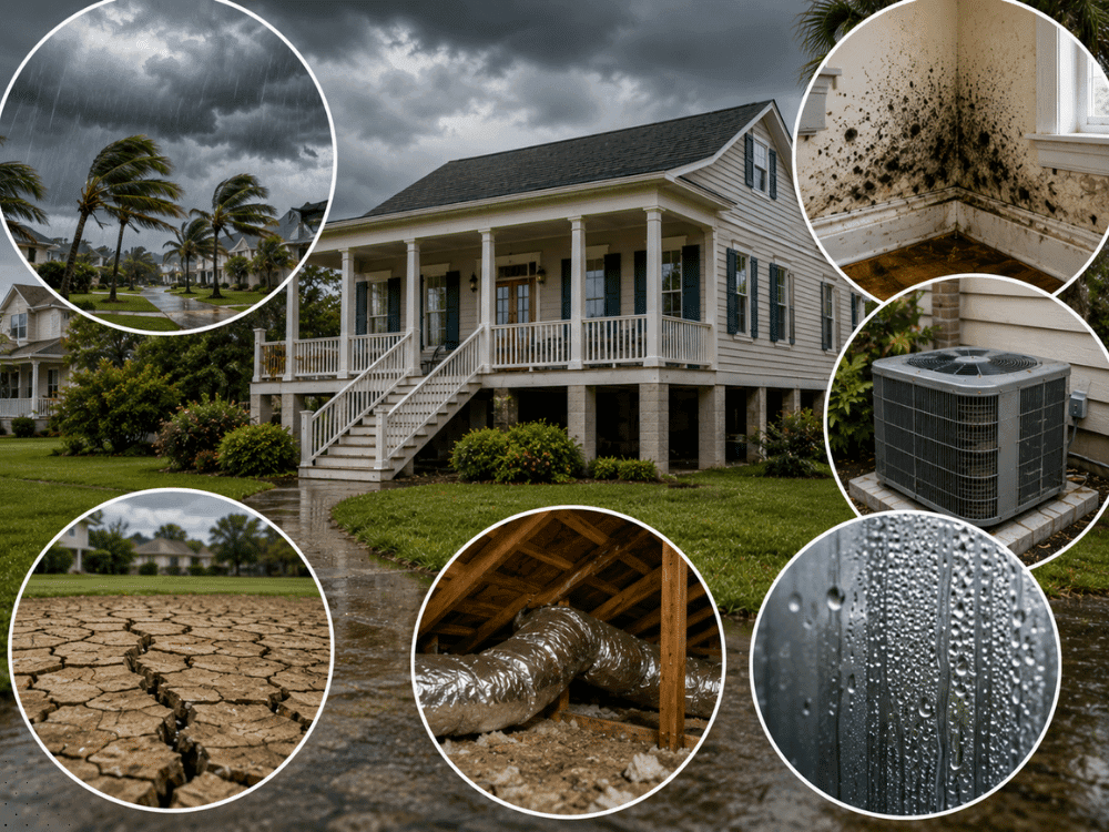 South Louisiana home inspection infographic showing storm exposure, humidity, clay soil movement, crawl space moisture, HVAC strain, and drainage conditions evaluated during an Acadiana inspection.