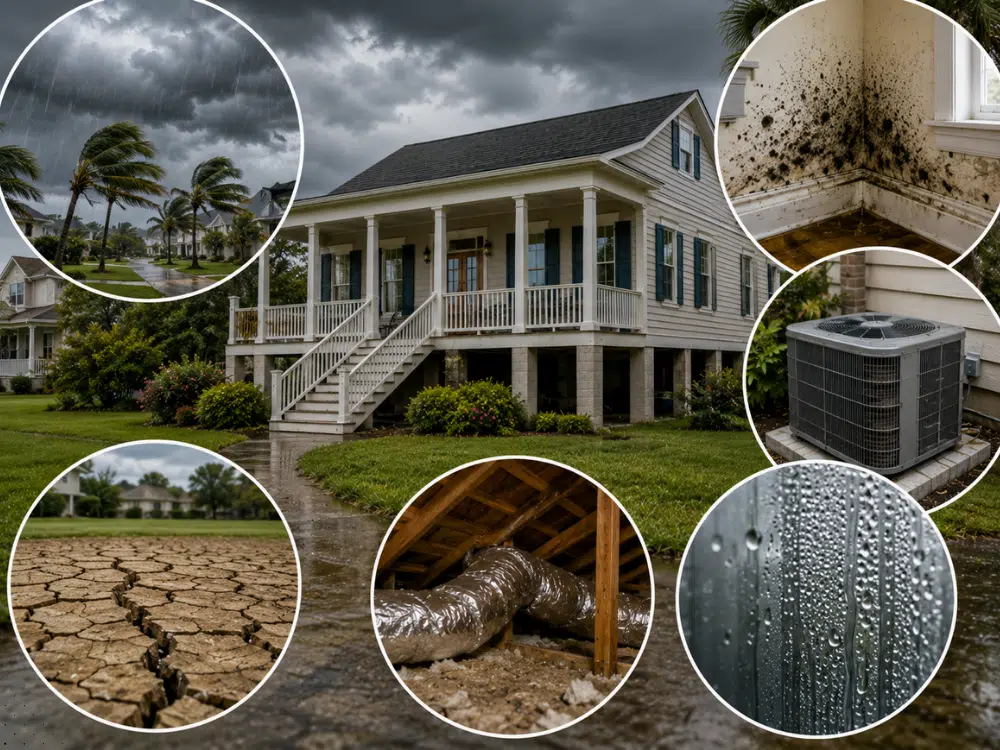 South Louisiana home inspection infographic showing storm exposure, humidity, clay soil movement, crawl space moisture, HVAC strain, and drainage conditions evaluated during an Acadiana inspection.