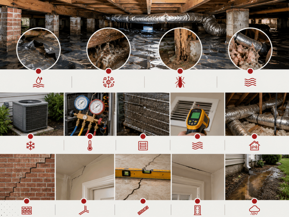 Crawl space and home system inspection examples showing moisture evaluation, HVAC components, foundation conditions, and drainage concerns in Acadiana homes