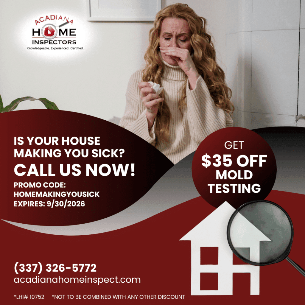 Homeowner experiencing possible indoor air quality concerns while sitting inside a home. September promotion from Acadiana Home Inspectors offers $35 off mold testing with promo code HOMEMAKINGYOUSICK, valid through September 30, 2026.