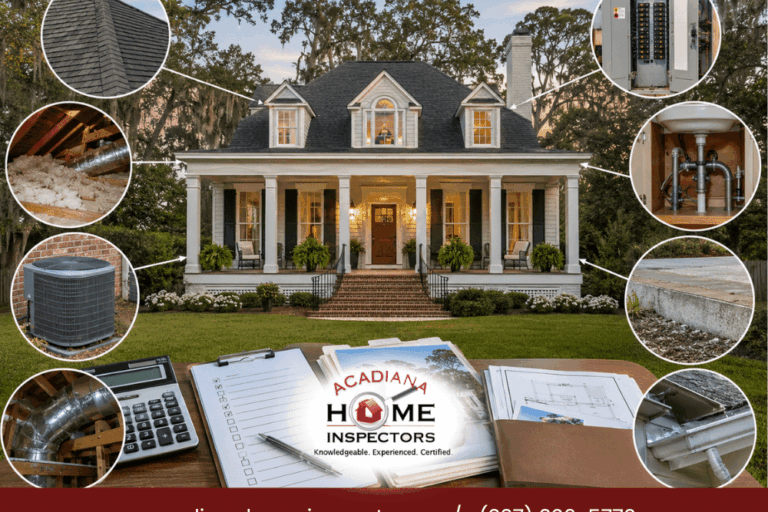 Acadiana home inspection in Lafayette LA showing a residential property and key systems including roof, attic, HVAC, electrical, plumbing, foundation, and drainage.