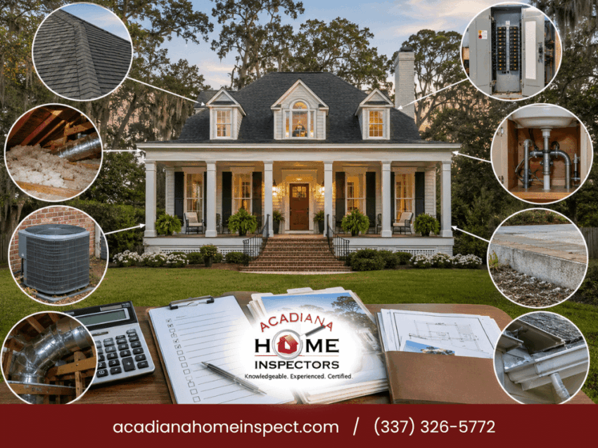 Acadiana home inspection in Lafayette LA showing a residential property and key systems including roof, attic, HVAC, electrical, plumbing, foundation, and drainage.