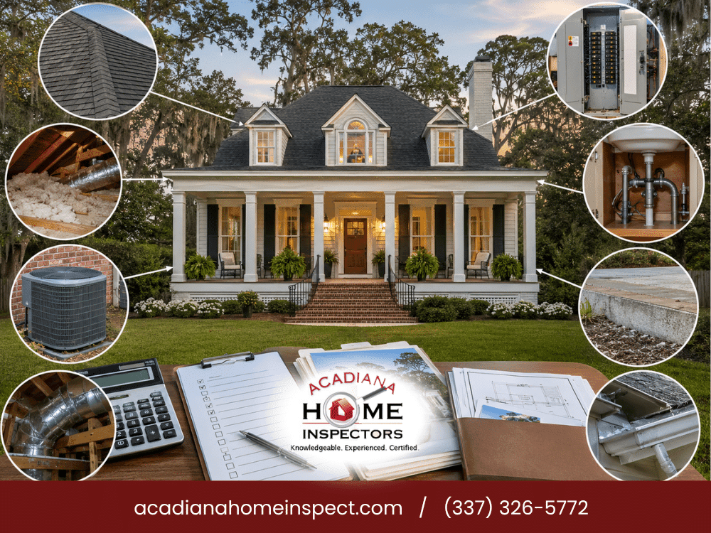 Acadiana home inspection in Lafayette LA showing a residential property and key systems including roof, attic, HVAC, electrical, plumbing, foundation, and drainage.