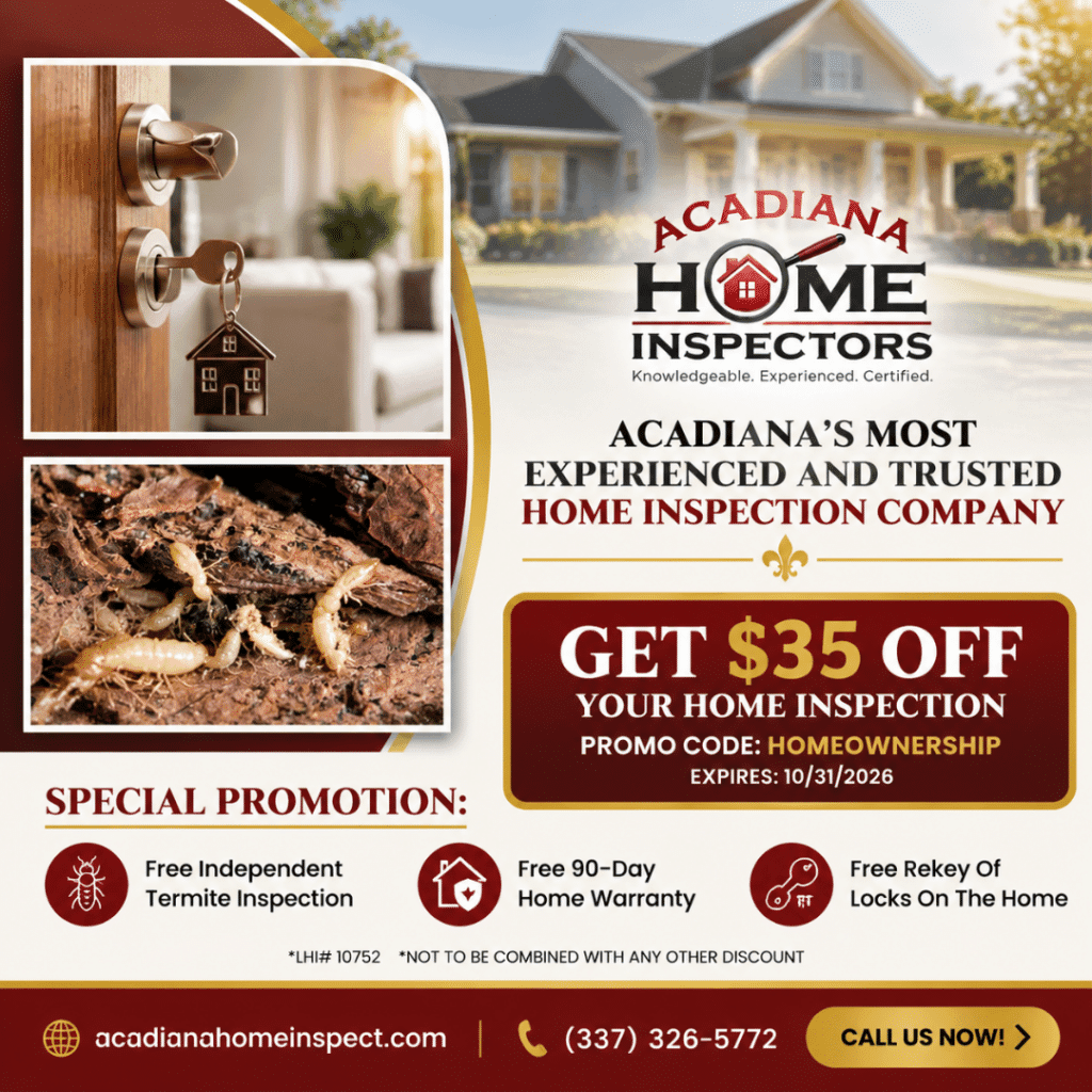 October home inspection promotion from Acadiana Home Inspectors featuring a residential home, termite inspection image, and $35 off home inspection with free termite inspection, 90-day home warranty, and lock rekey service.