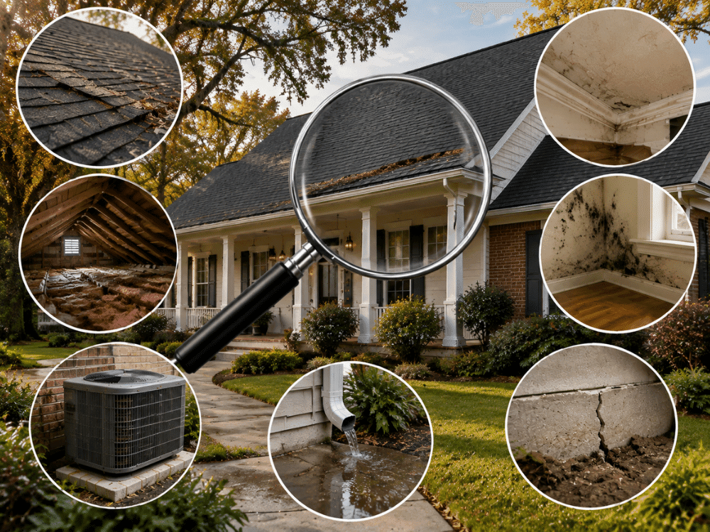 Lafayette LA home inspection showing roof, attic, HVAC, drainage, foundation, and moisture conditions commonly evaluated in Acadiana homes.